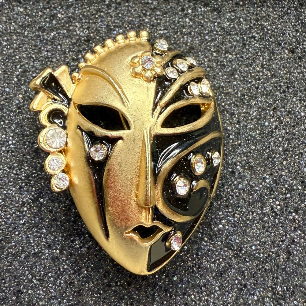 Gold Tone and Black Face Mask Brooch